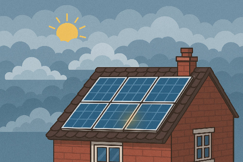 A shot of solar panels on a UK rooftop on a cloudy day, with a subtle glow indicating they are still generating power.